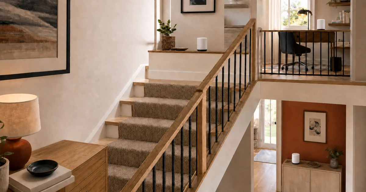 Three generic mesh Wi-Fi nodes sit on separate levels around an open staircase in a multi-story home.