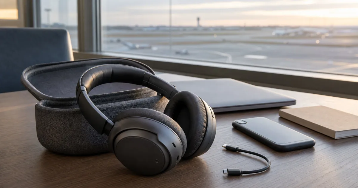 Generic over-ear headphones and a travel case rest beside a laptop and phone near an airport window.