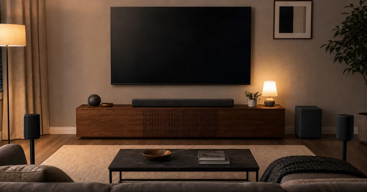 A generic soundbar for clear dialogue sits beneath a television while separate rear speakers and a subwoofer show a possible full-room setup.