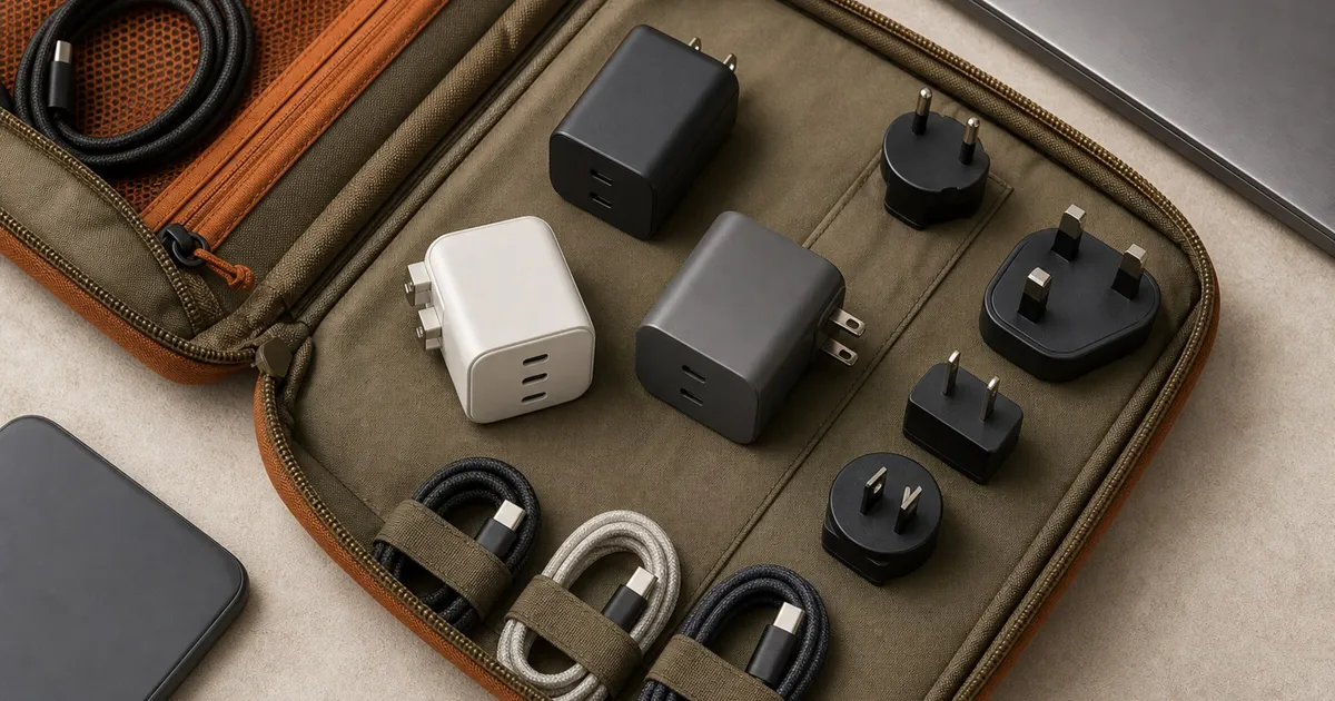 Generic multiport USB-C travel chargers, cables, and outlet adapters are packed beside a laptop and phone.