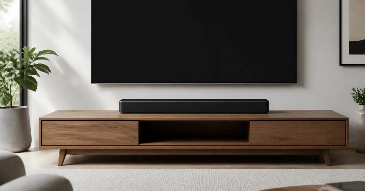An unbranded standalone soundbar beneath a generic television on a low TV stand.