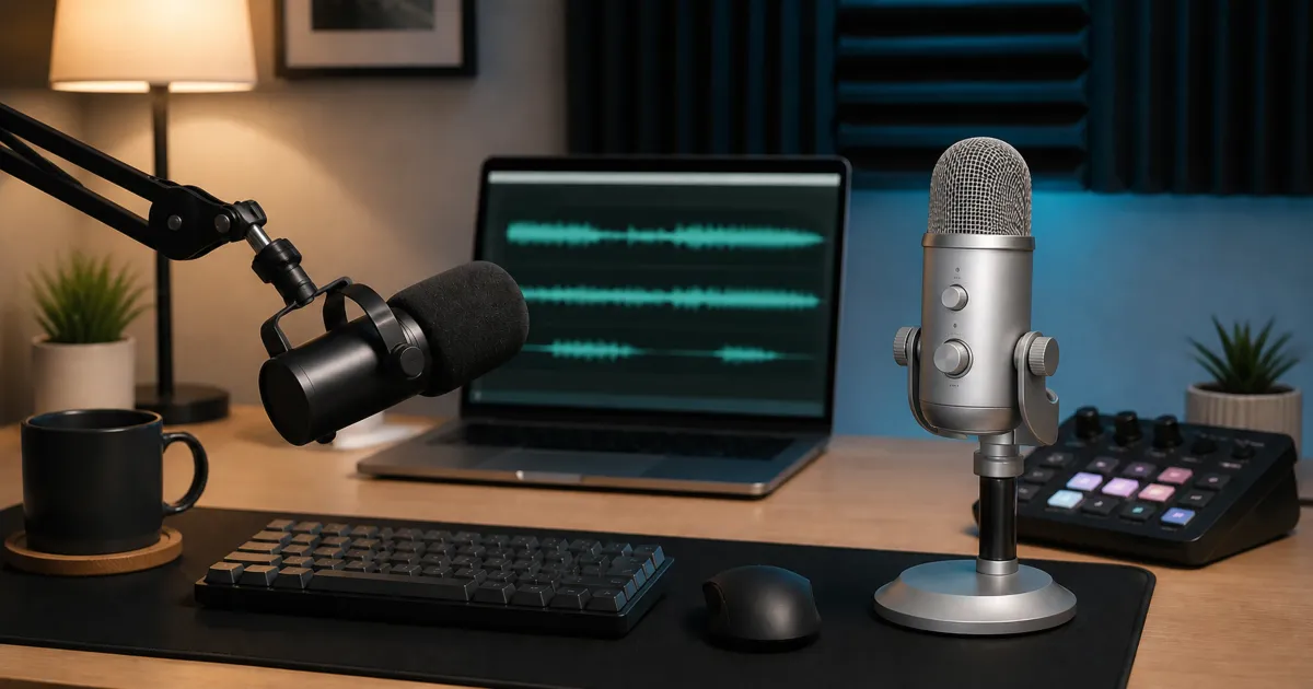 A side-by-side desk setup illustrating the Shure MV7+ versus Elgato Wave:3 MK.2 for calls and streaming, with a dark dynamic microphone on a boom arm, a silver condenser microphone on a stand, and a laptop showing abstract audio waveforms.