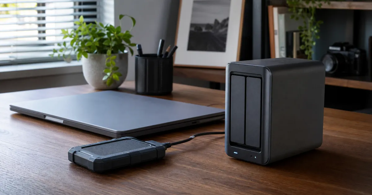 An unbranded portable SSD, a compact two-bay storage enclosure, and a laptop on a tidy home-office desk.