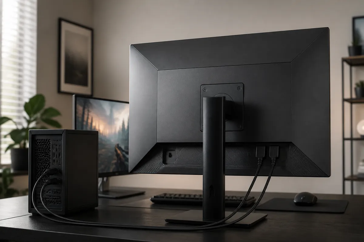 The rear of an unbranded high-refresh monitor connected to a compact desktop computer with two display cables in a tidy home-office workspace.