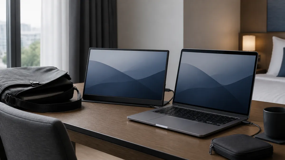 An unbranded portable monitor is connected beside an open laptop on a hotel-room desk, with an open travel bag nearby.
