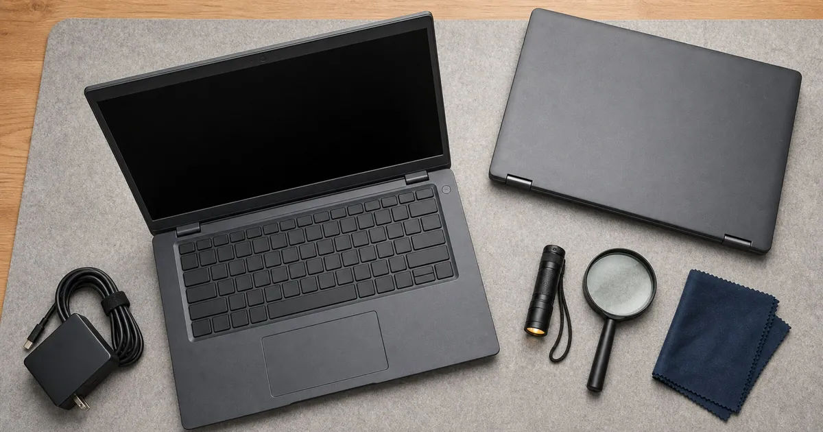 A lightly used generic business laptop, charger, and inspection tools are arranged on a worktable.