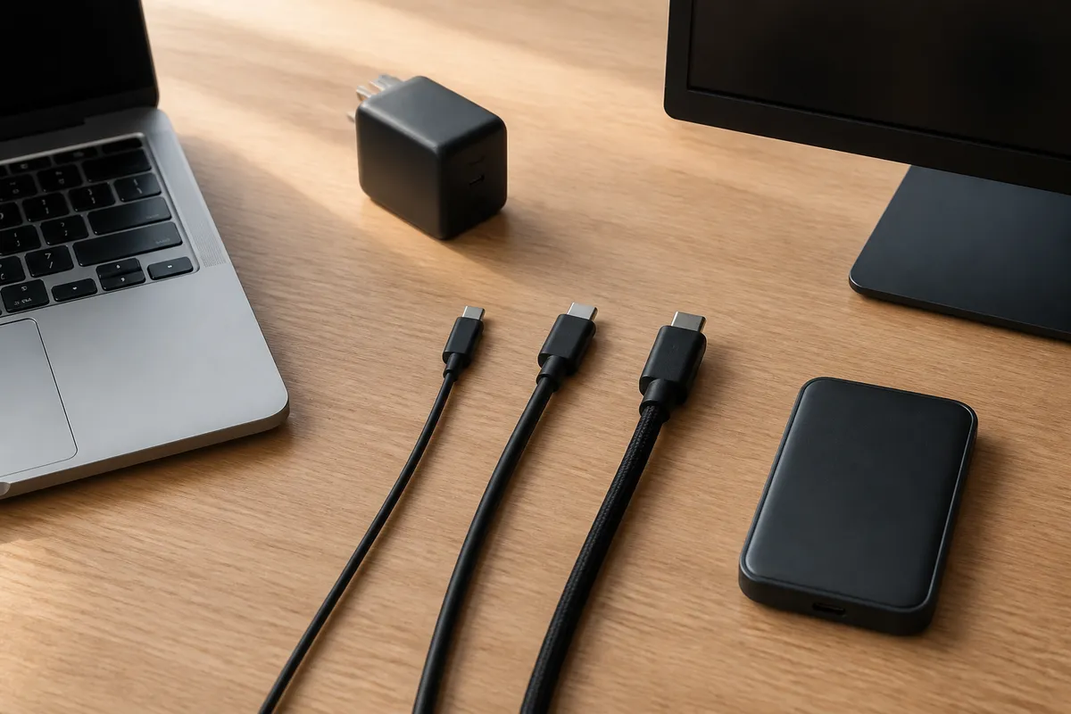 Three unbranded USB-C cables lie beside a laptop, compact charger, portable drive, and monitor on a wood desk.