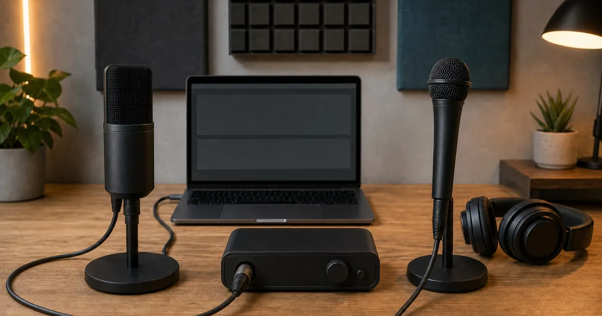 Generic USB and XLR microphones sit on opposite sides of a creator desk with a compact audio interface between them.