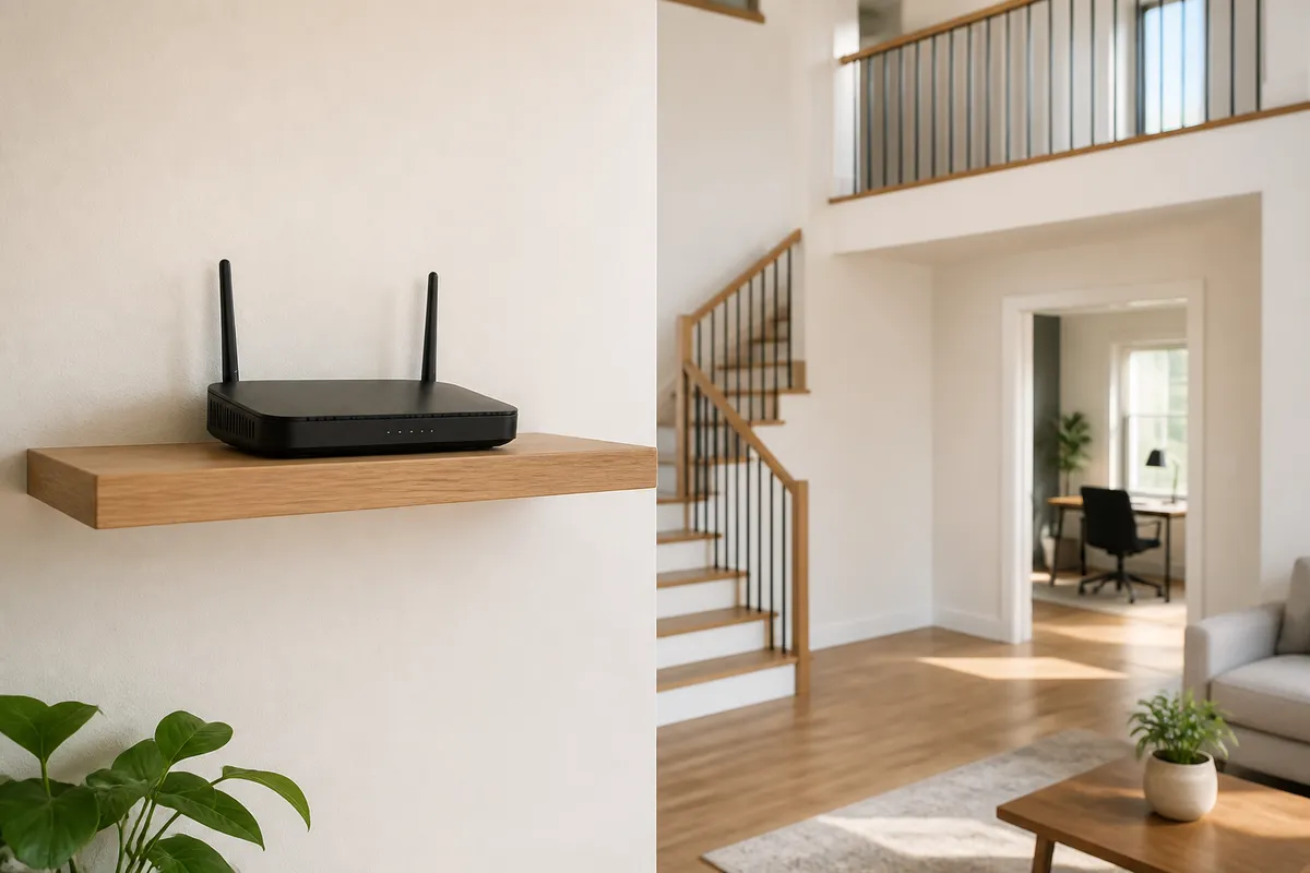 An unbranded Wi-Fi router is placed high on an open wall shelf beside a stairwell in a bright two-story home to illustrate router placement for better coverage.